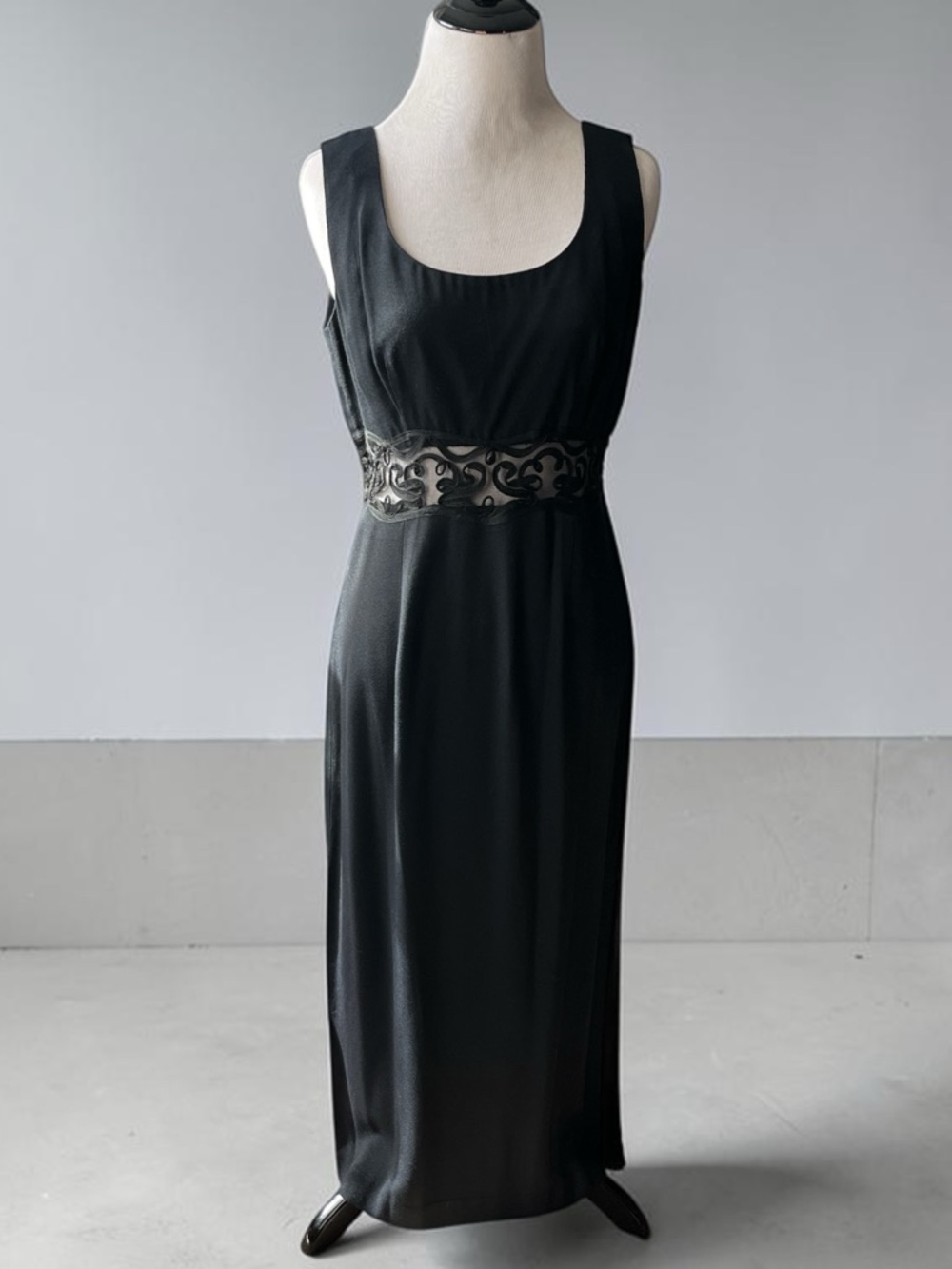 VINTAGE J.R. NITES by CALIENDO black sleeveless lace panel evening dress 7/8